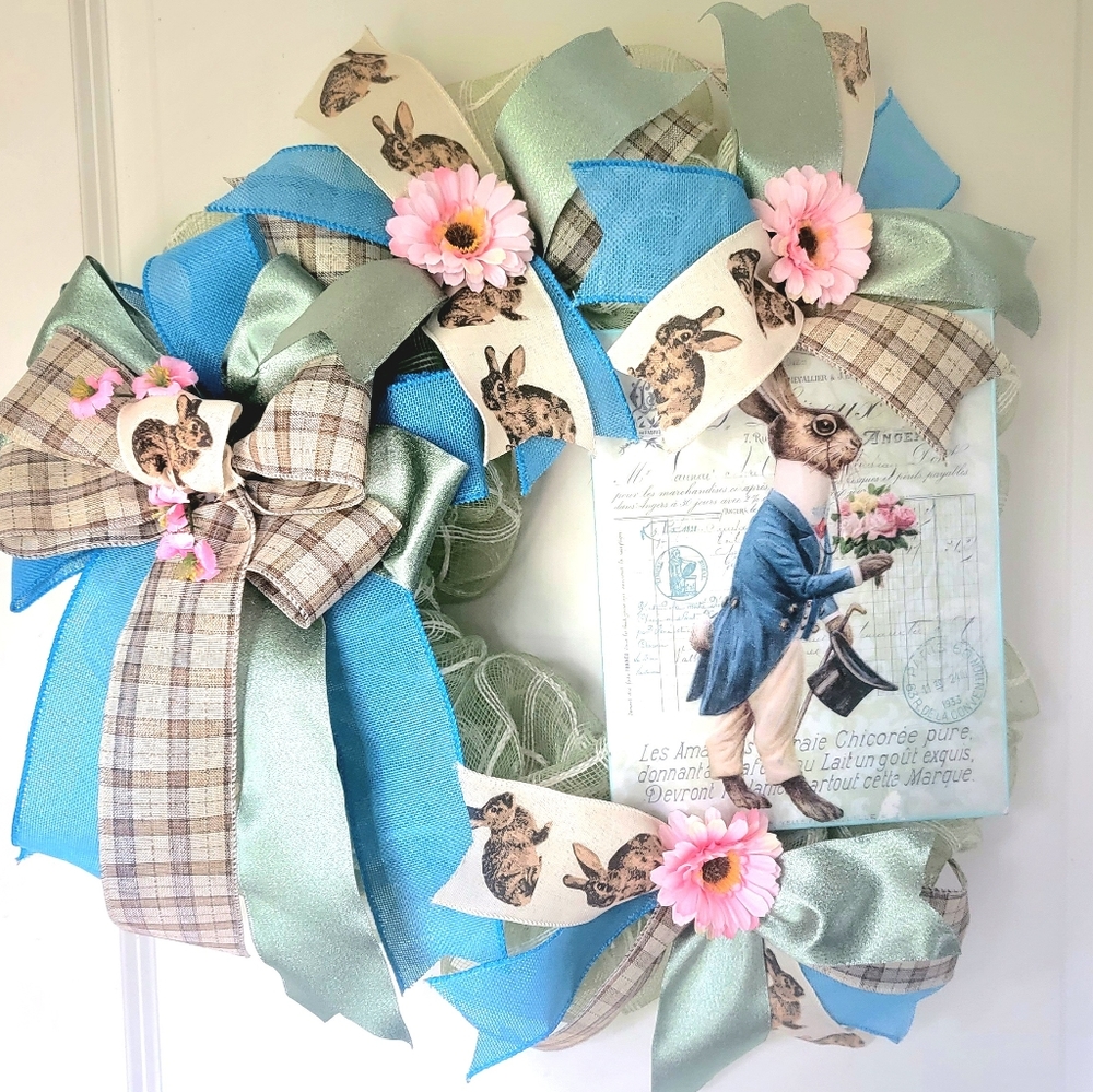 Victorian Gentleman Easter Bunny Wreath Rabbit Deco Mesh Bows Greens Blues Pinks - Picture 8 of 8